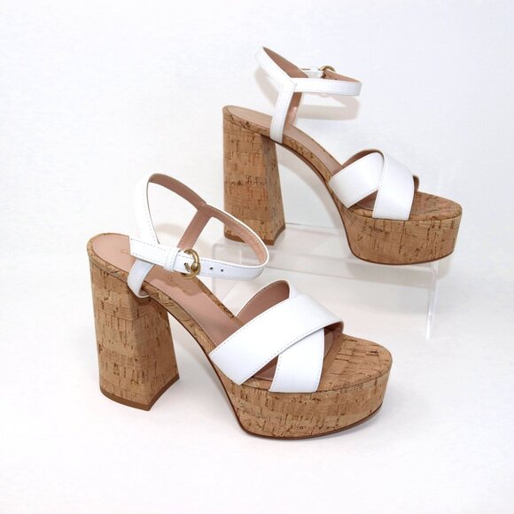 Gianvito Rossi 37.5 NEW With Box Nappa White Leather & Cork Bebe Sandal Heels - Picture 5 of 13